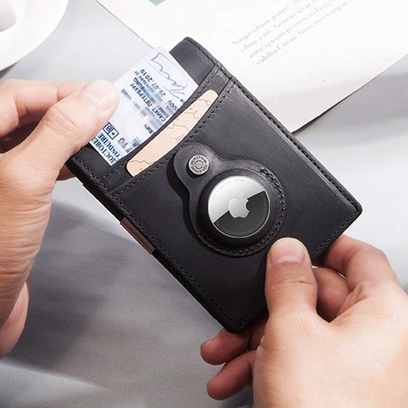 Retro Cowhide Leather AirTag Wallet Bifold RFID Blocking Card Holder
