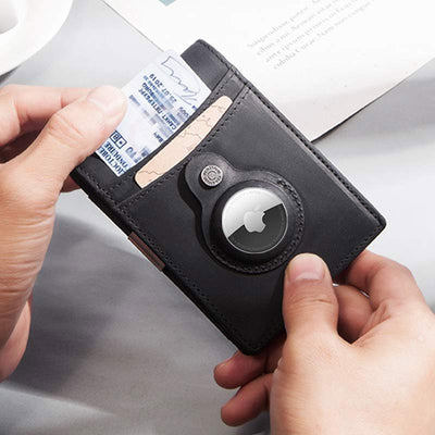 Retro Cowhide Leather AirTag Wallet Bifold RFID Blocking Card Holder