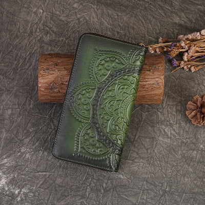 Women Genuine Leather Zip Around Embossing Wallet Large Cowhide Leather Wallet