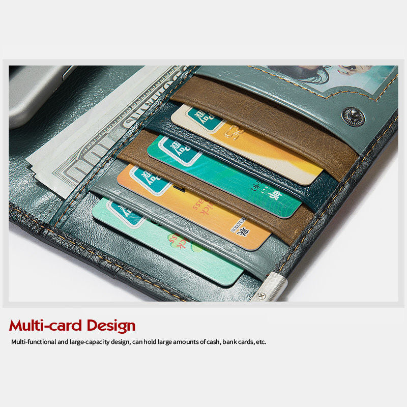 Genuine Leather Splicing Color Block Wallet Trifold Long Purse