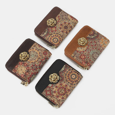 RFID Multi-Slot Genuine Leather Vintage Printing Short Wallet Card Holder