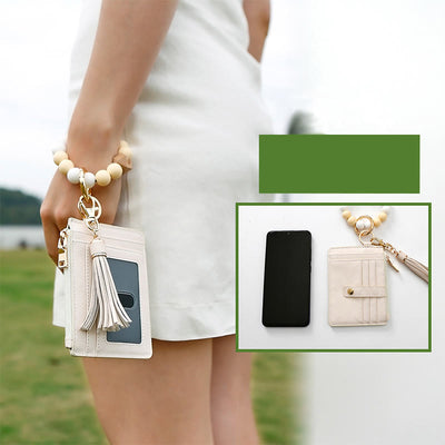 Silicone Bead Wrist Bag Womens Leather Tassel Card Holder