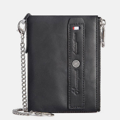 Mens Wallet with Chain Leather Bifold Wallet with Double Zipper Pocket