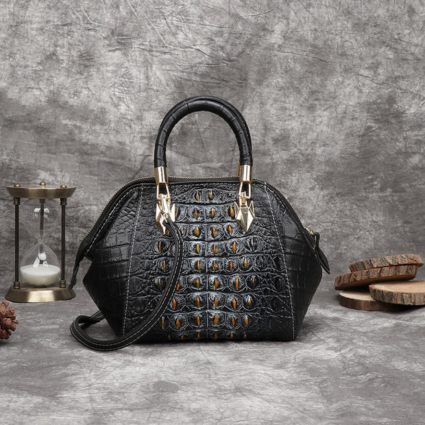 Genuine Leather Alligator Print Handbag Top-Handle Satchel with Crossbody Strap