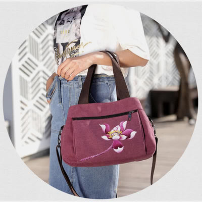 Triple Compartment Canvas Handbag Purse Floral Print Crossbody Shoulder Bag