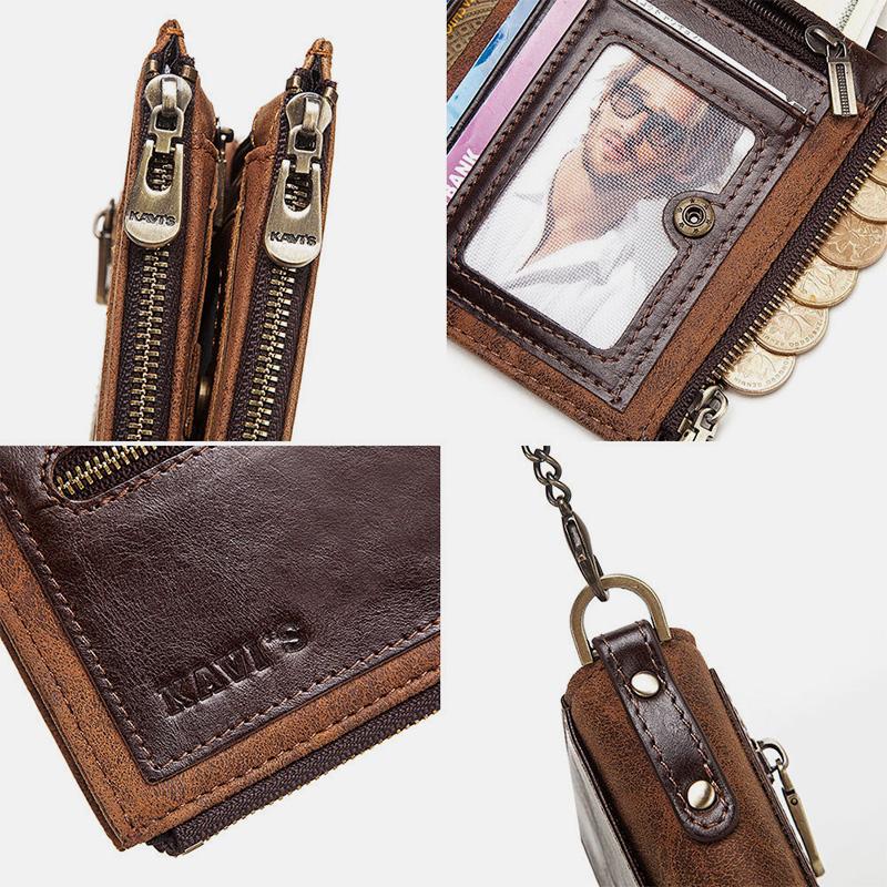 Vintage RFID Genuine Leather Bifold Coin Wallet With Chain
