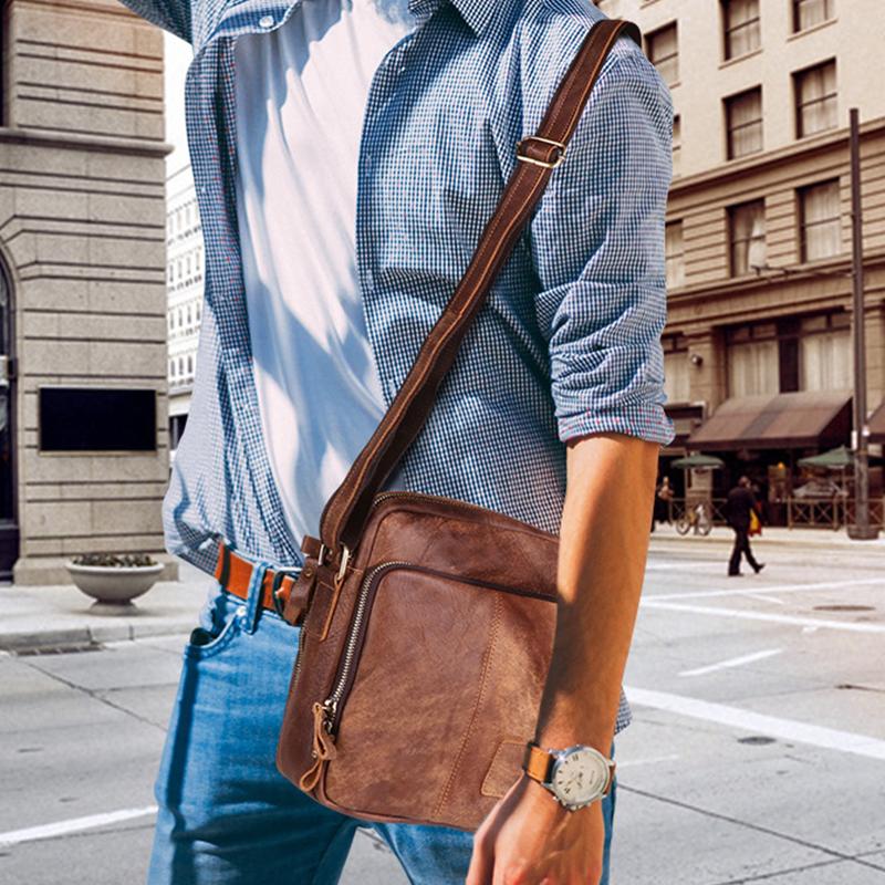 Men's Genuine Leather Triple Zip Classic Crossbody Bag