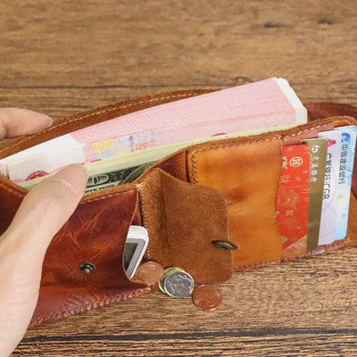 Retro Bifold Wallet Pouch for Women Men Cowhide Leather Small Coin Purse