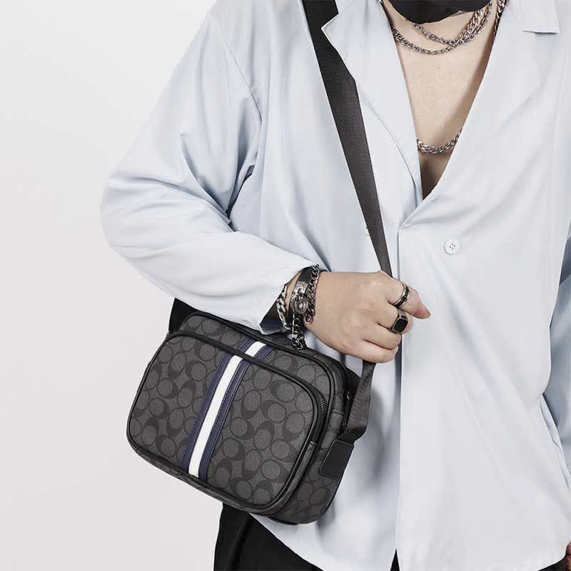 Men Checked Grain Crossbody Purse Waterproof Scratch-proof Classic Shoulder Handbag