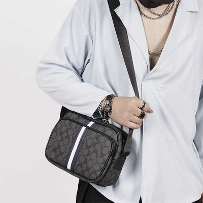 Men Checked Grain Crossbody Purse Waterproof Scratch-proof Classic Shoulder Handbag