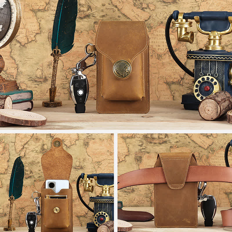 Vintage Leather Flip Phone Bag Belt Pouch with Cigarette Pocket - image 8