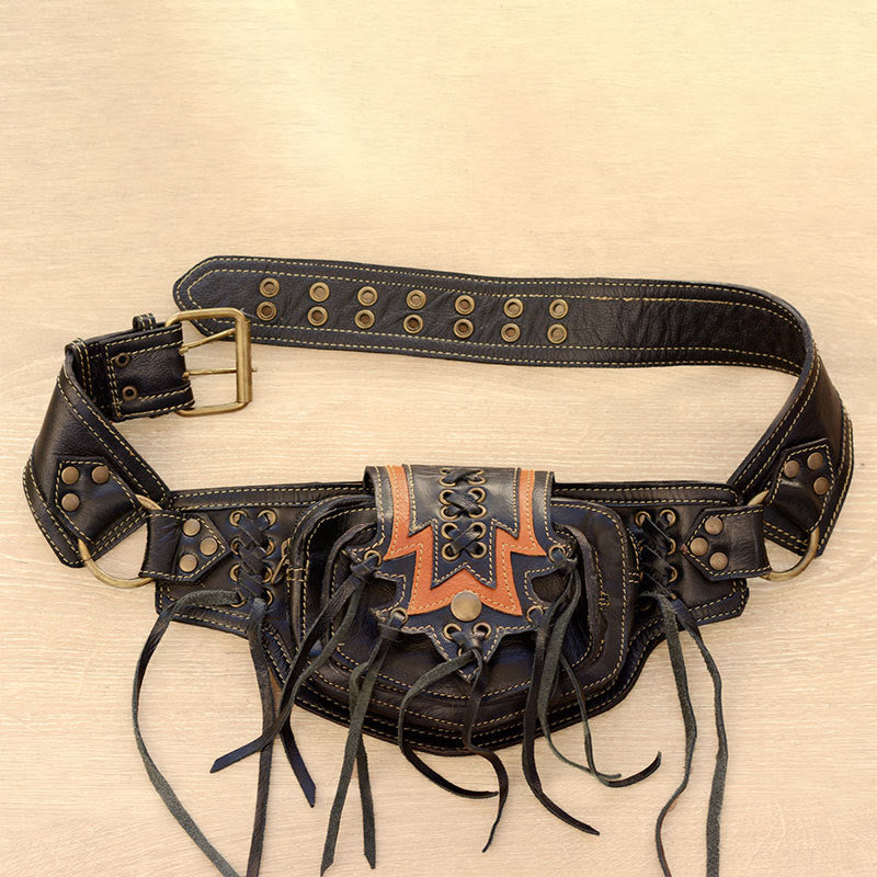 Large Leather Utility 2-Pouch Handmade Practical Tassel Waist Belt Bag