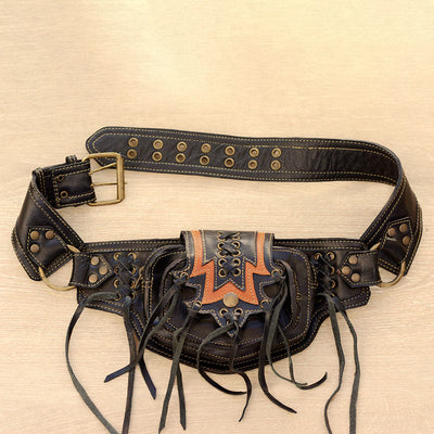 Large Leather Utility 2-Pouch Handmade Practical Tassel Waist Belt Bag