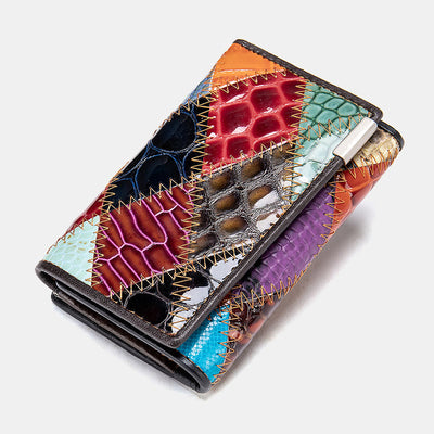 Genuine Leather Splicing Color Block Wallet Trifold Long Purse