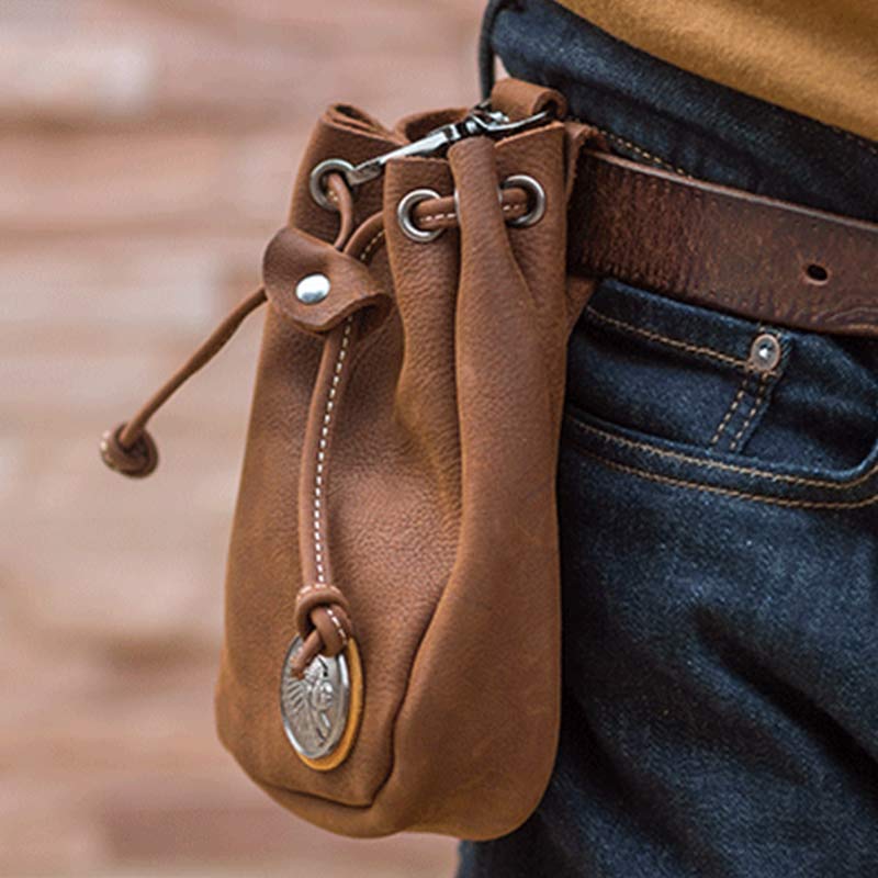 Retro Unisex Waist Pouch Small Drawstring Leather Belt Bag