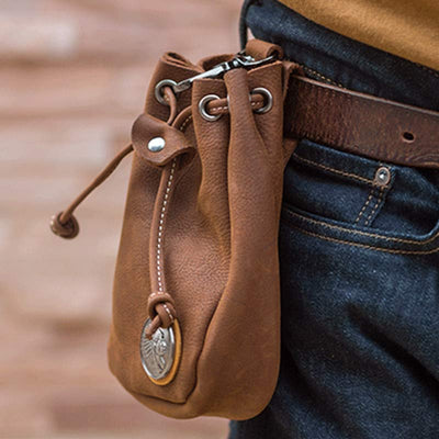 Retro Unisex Waist Pouch Small Drawstring Leather Belt Bag