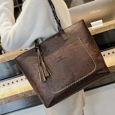 Large Capacity Business Office Handbag Women's Soft PU Tassel Tote Shoulder Bag