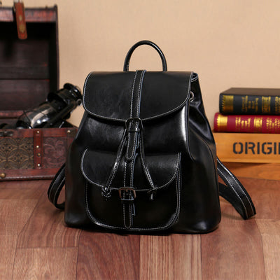 Classic Daypack For Women Outing Drawstring Clamshell Leather Backpack