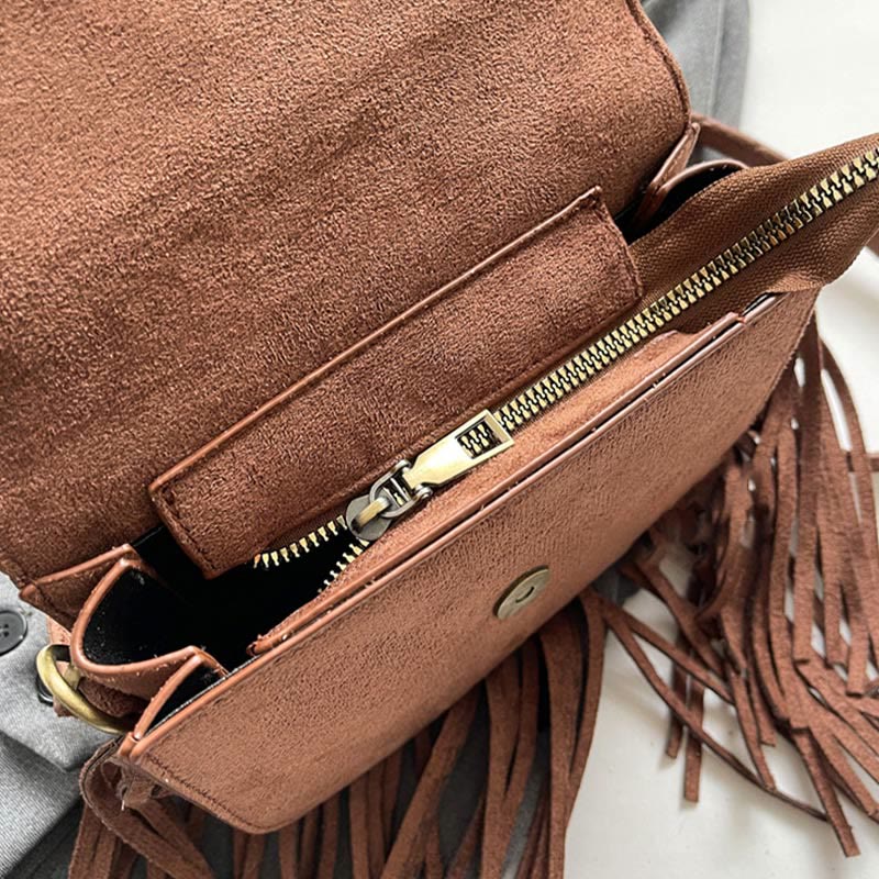 Women Autumn Flannelette Bag Retro Letter Buckle Crossbody Tassel Bag