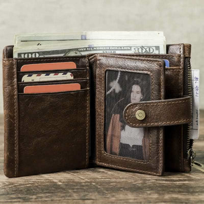 Men's Genuine Leather RFID Blocking Bifold Wallet with Anti-theft Chain