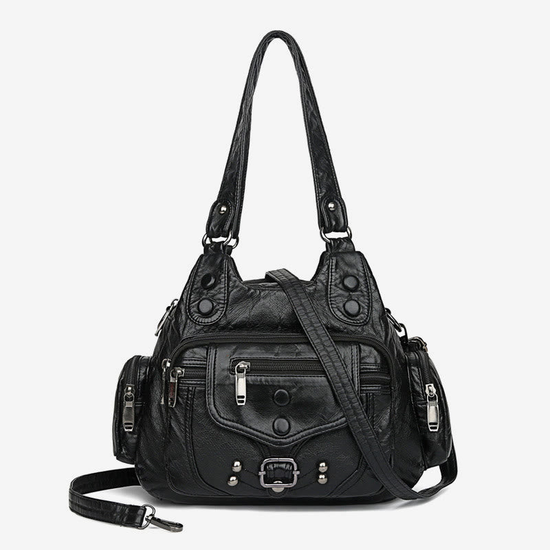 Large Shoulder Bag Women Double Compartment Leather Stitching Crossbody Purse