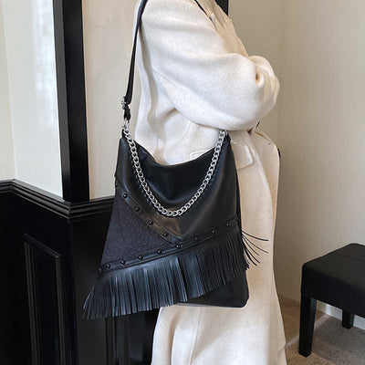 Rivet Tote Bag Women Large Capacity Motorcycle Tassel Chain Bag