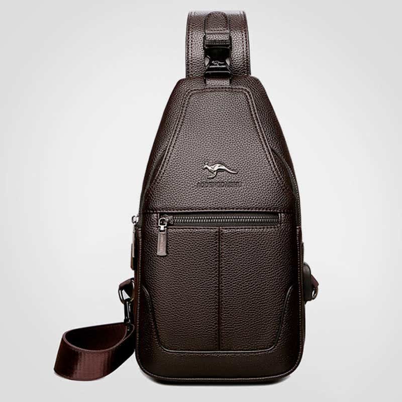 Multiple Pockets Leather Sling Chest Bag for Men with USB Charging Port
