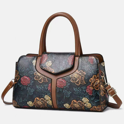 Retro Floral Emboss Handbag Women Horizontal Crossbody Leather Bag