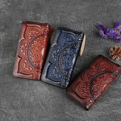 Women Genuine Leather Zip Around Embossing Wallet Large Cowhide Leather Wallet