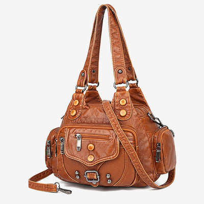 Large Shoulder Bag Women Double Compartment Leather Stitching Crossbody Purse