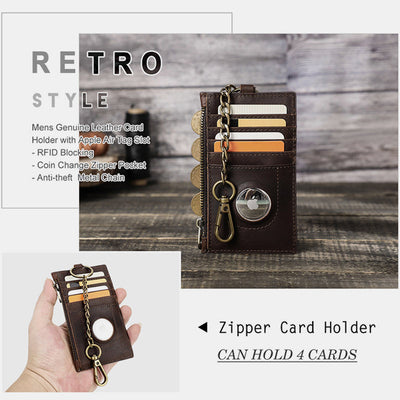RFID Blocking Genuine Leather Airtag Card Holder Wallet With Chain