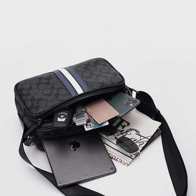 Men Checked Grain Crossbody Purse Waterproof Scratch-proof Classic Shoulder Handbag