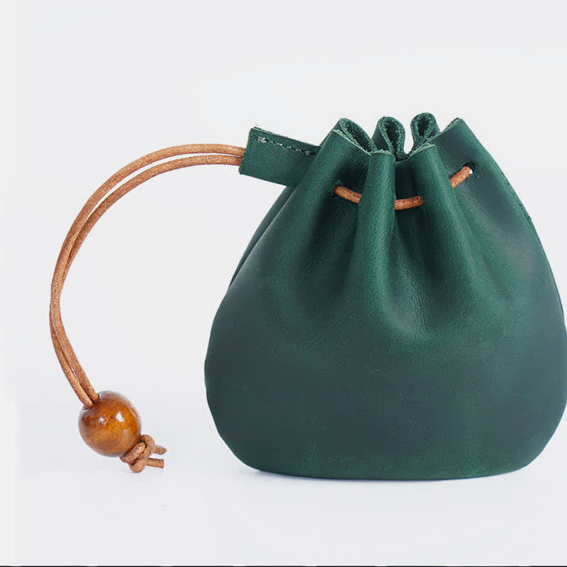 Leather Drawstring Pouch Retro Coin Purse Wallet for Women Men