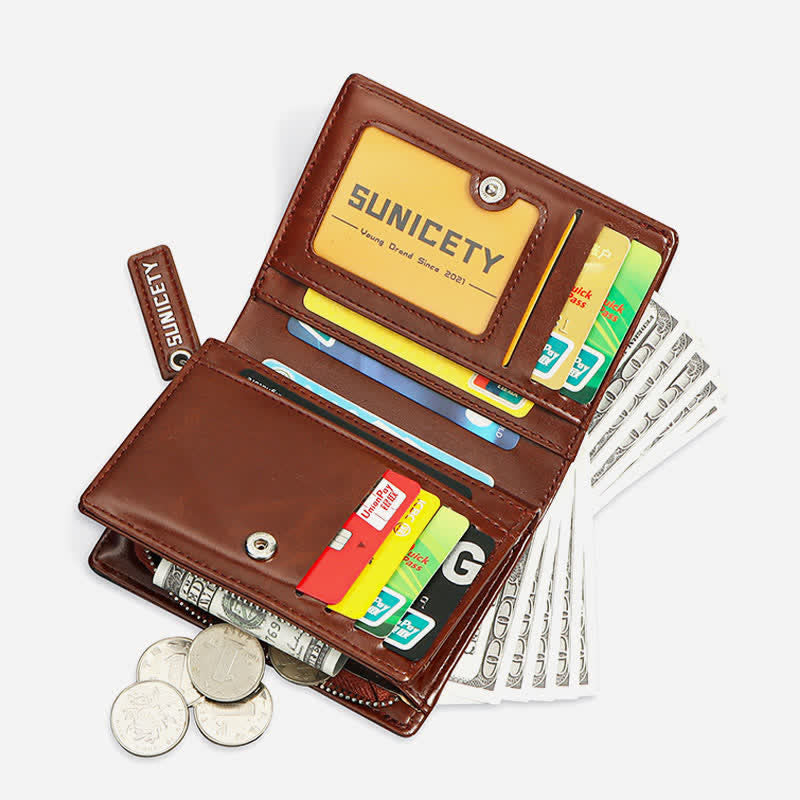 Mens Bifold Wallet Retro RFID Credit Card Holder with Zipper Pocket