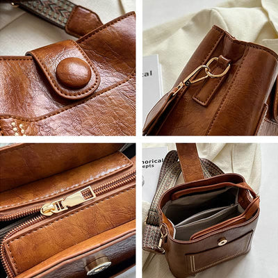Women Wide Strap Bucket Bag solid Color Elegant Crossbody Bag