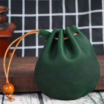 Leather Drawstring Pouch Retro Coin Purse Wallet for Women Men