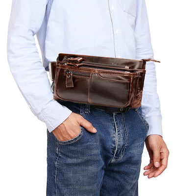 Men Classic Leather Sling Bag Waist Bag with Ajustable Strap