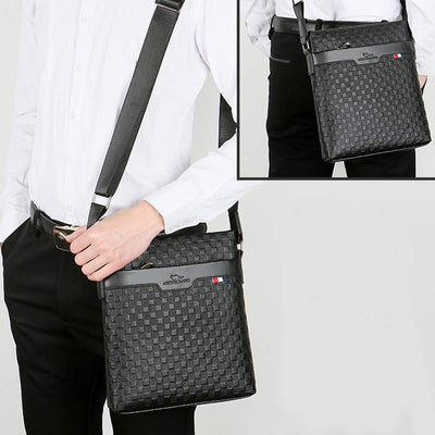 Genuine Leather Waterproof Messenger Bag for Men Plaid Crossbody Bag