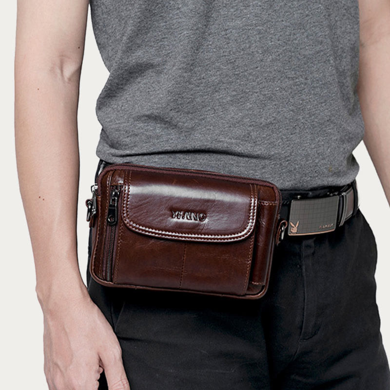 Leather Waist Bag For Men Retro Multifunctional Crossbody Phone Bag