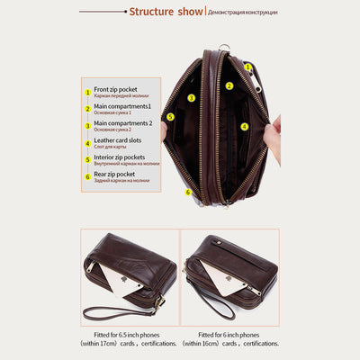 Genuine Leather Clutch Wallet Roomy Organized Wrist Purse Fit 7.9" Cellphone