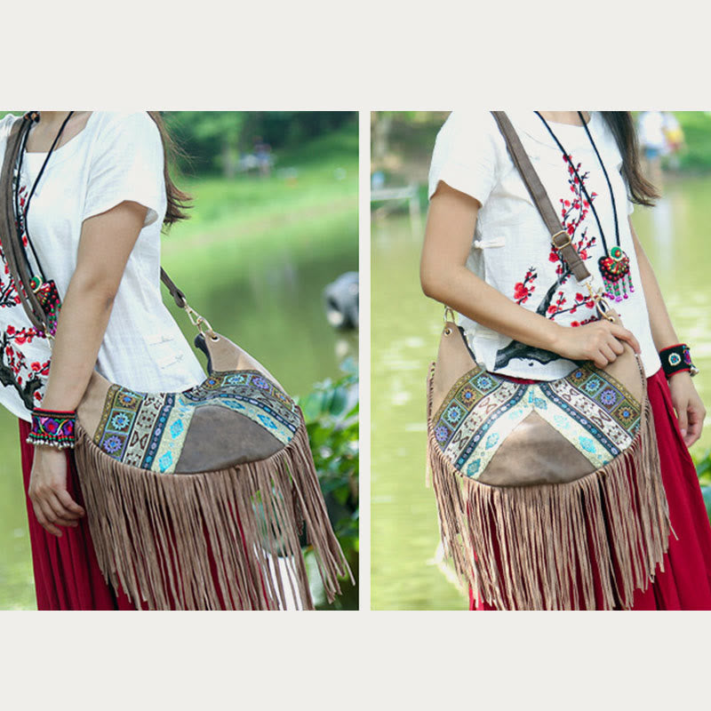 Crossbody Bag For Women Travel Ethnic Style Tassel Leather Bag