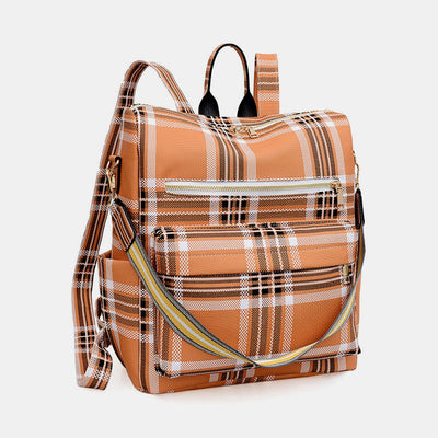 Multifunciton Casual Women Rucksack Daypack Leather Plaid Backpack With Shoulder Strap