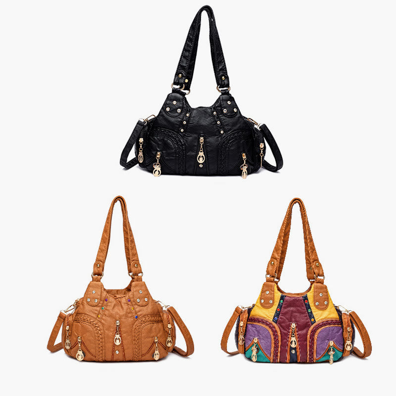 Multiple Pocket Shoulder Bag Women Colorful Large Leather Crossbody Purse