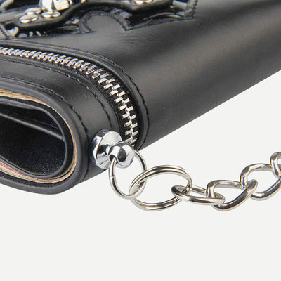 Mens Gothic Skull Cross Leather Punk Wallet with Long Metal Chain