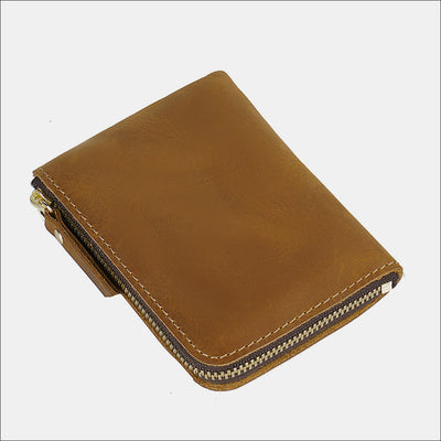 Vintage Genuine Leather Slim Zip Wallet Crazy Horse Leather Coin Purse