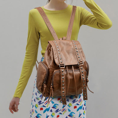 Rivet Backpack For Women Travel Soft Plain Color Leather Daypack