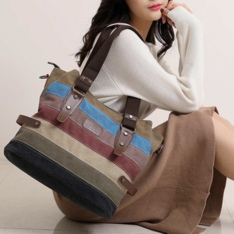 Multifunction Color Block Canvas Handbag Hobo Tote Bag Crossbody Purses