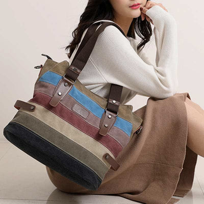 Multifunction Color Block Canvas Handbag Hobo Tote Bag Crossbody Purses