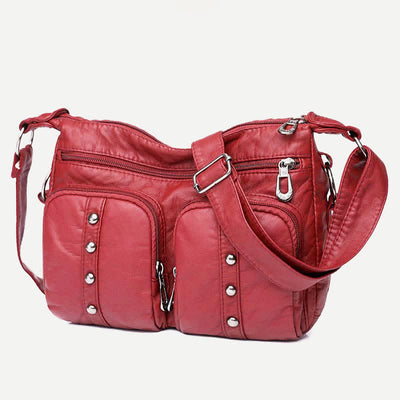 Mulit-Pocket Crossbody Purse for Women Retro Rivets Leather Shoulder Handbag