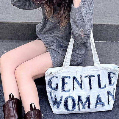 Gentle Women Tote Embroidery Letter Large Laptop Shoulder Bag